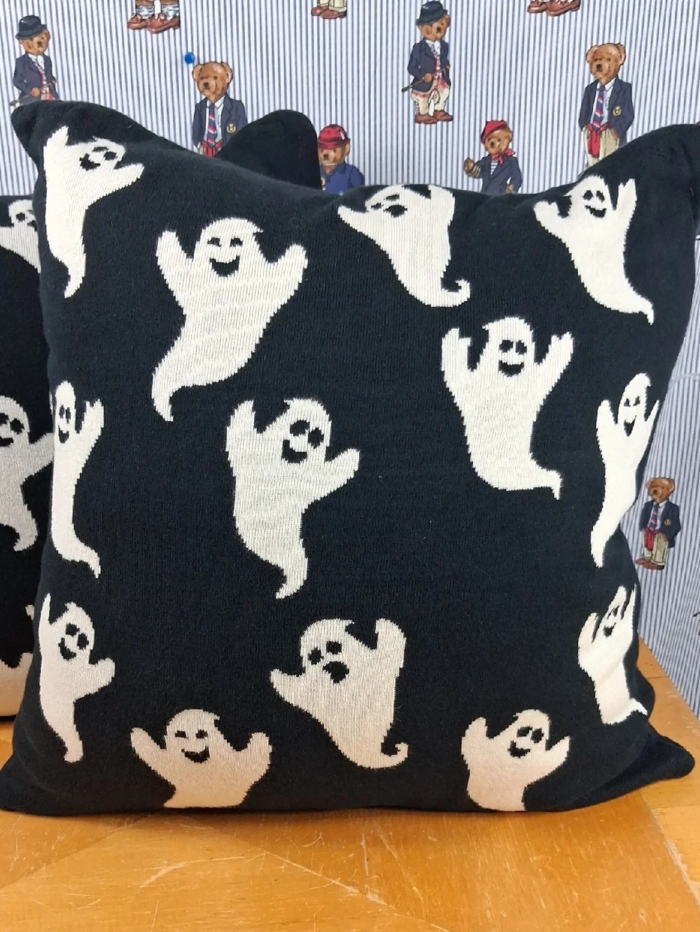 Lot Of 2 Mortar And Bone Mini Ghost Knit Black & White Halloween Throw Pillows